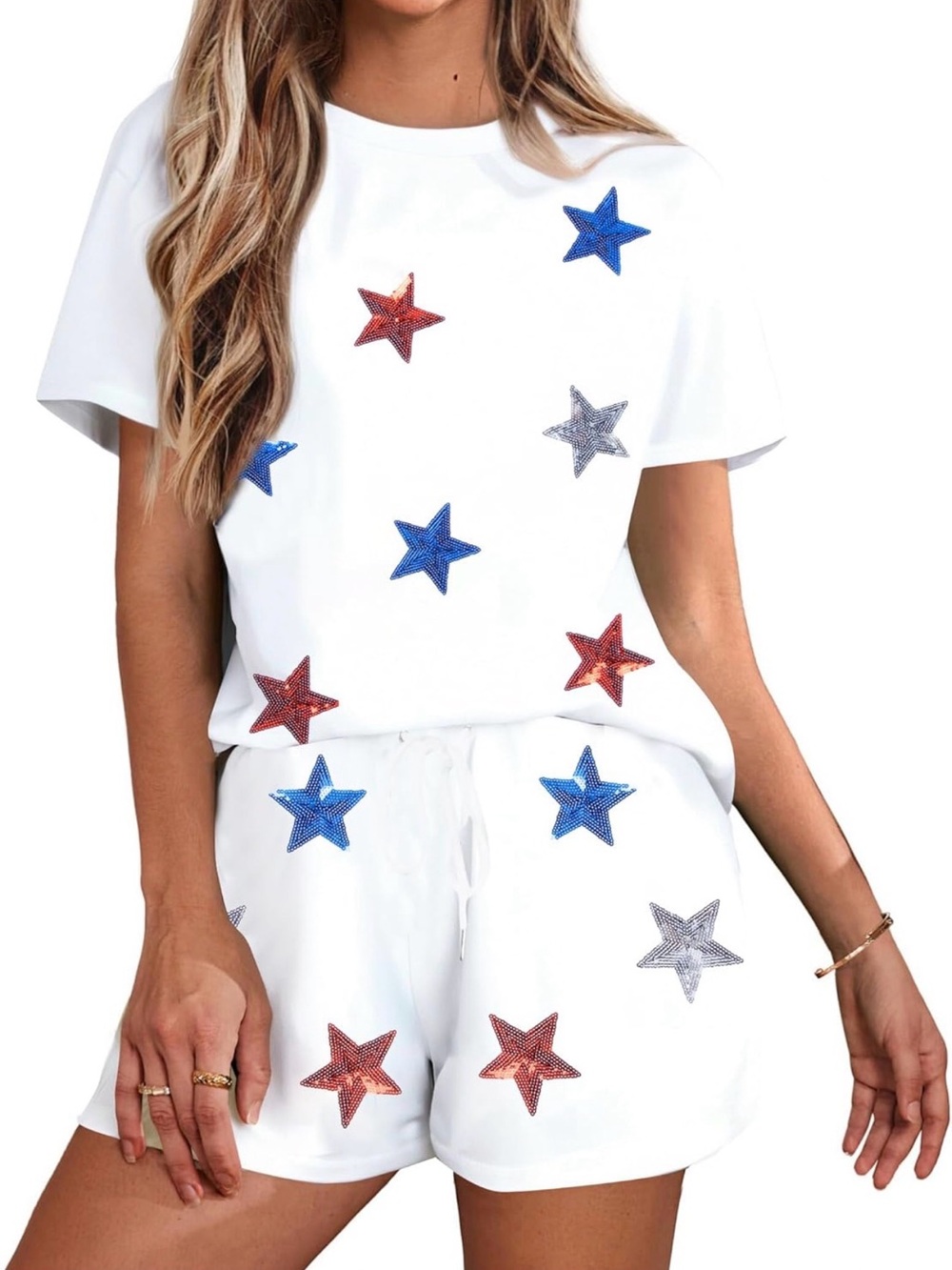 VILOVE 4th of July 2 Piece Sequin Outfit Shorts Set from Amazon Size Medium